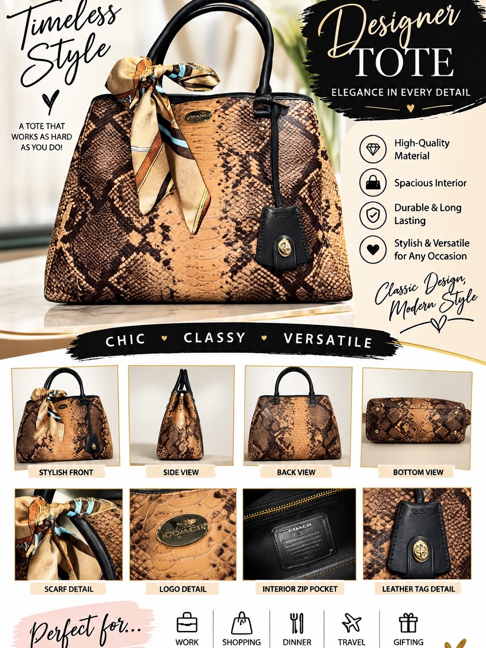 COACH Margot Python Embossed Leather Margot Carryall Satchel Bag Brown